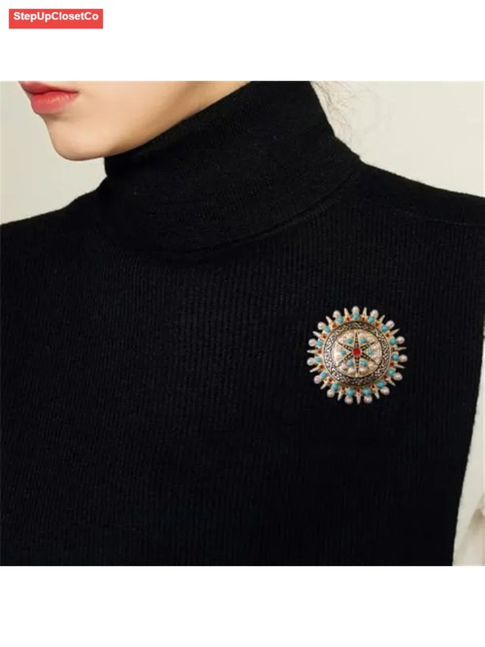 Vintage CZ Crystal Star Disc Brooch Pin Alloy Turquoise Pearl Sweater Scarf